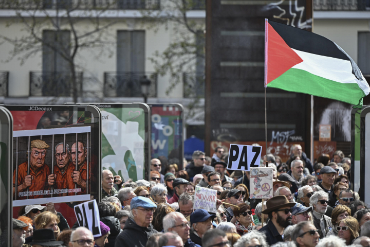 alt="alt="Banderas palestinas y mensajes en defensa de Gaza en la concentración en Madrid.""