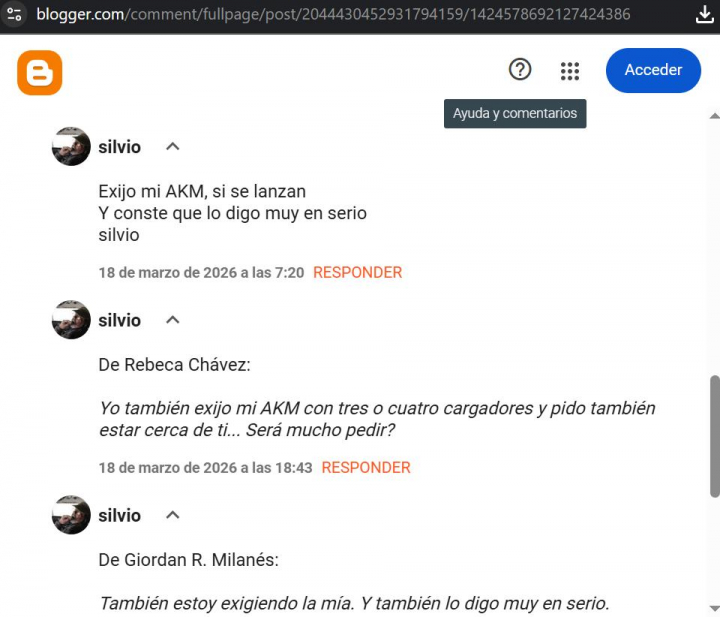 Captura de pantalla del comentario del cantautor Silvio Rodríguez, en el que solicita ser armado con un fusil kalashnikov, si EEUU ataca a Cuba.