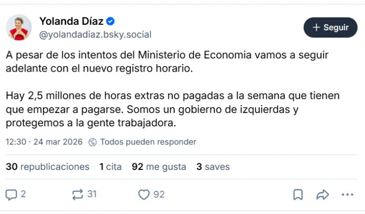 El mensaje de Yolanda Díaz en BlueSky contra Carlos Cuerpo