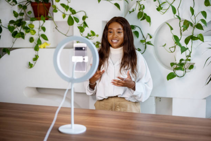 alt="alt="African woman making a video blog with smartphone and ring light at studio. Influencer recording a video for his social media channel.""