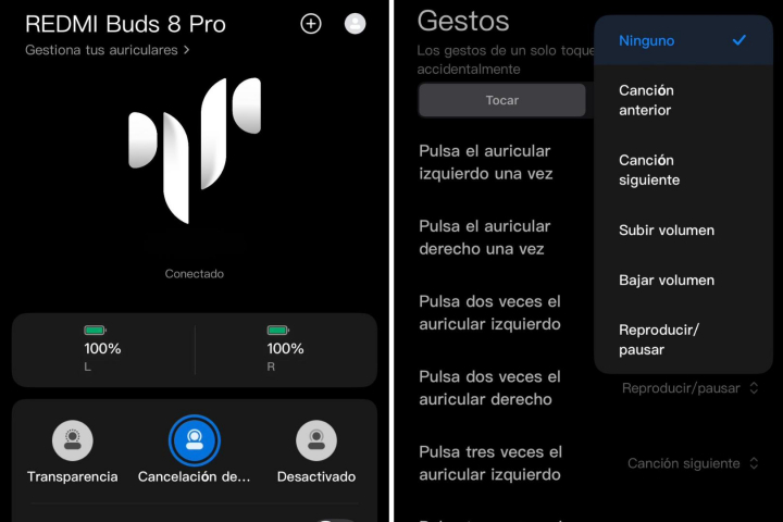 Configuración de los Redmi Buds 8 Pro en la app Xiaomi Earbuds.