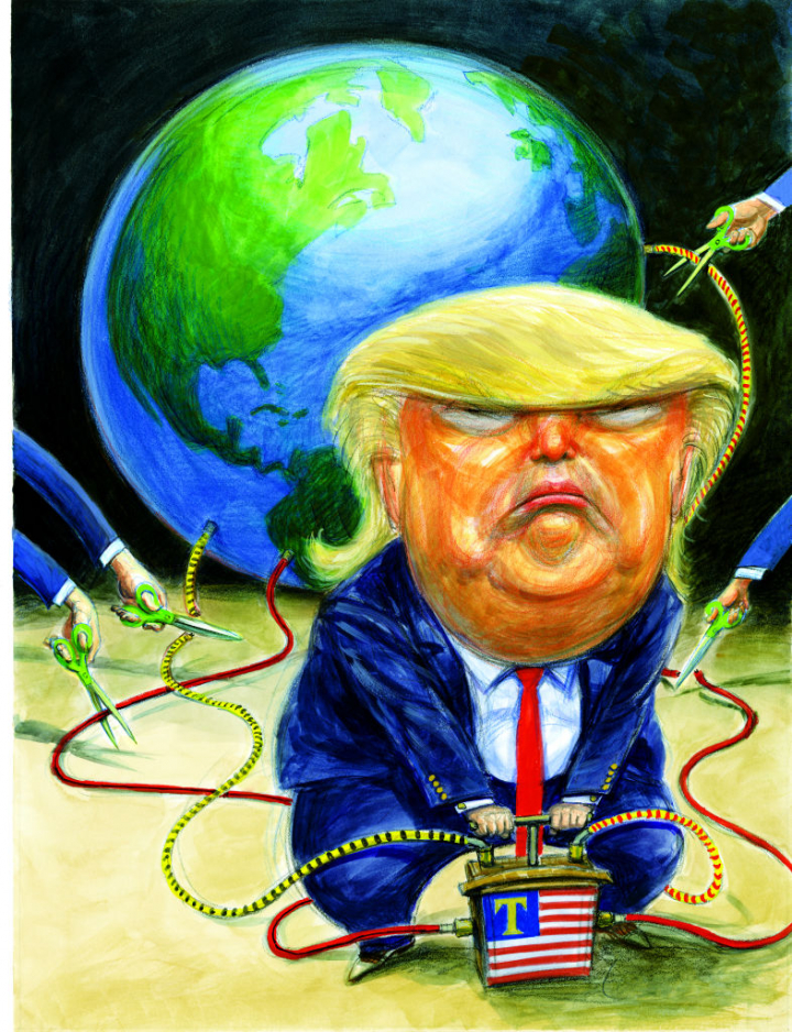 Una ilustración de la revista 'Rolling Stone' muestra a Donald Trump, presidente de EEUU, tratando de volar el planeta con una bomba.