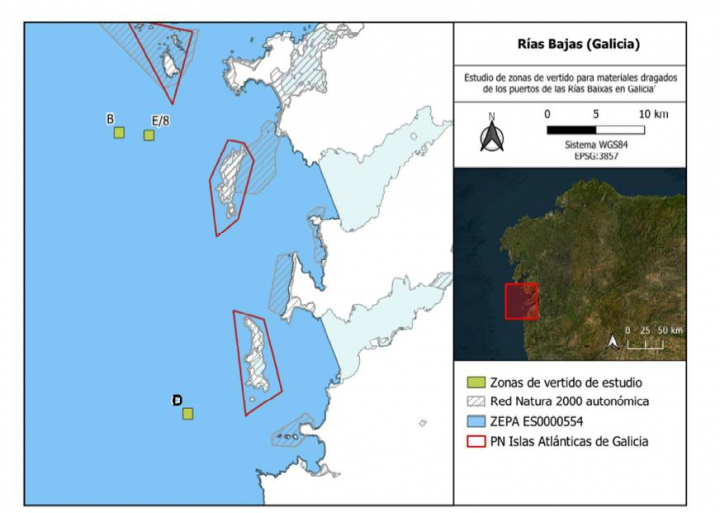 Mapa con la relación entre las zonas de vertido analizadas y los espacios naturales próximos.