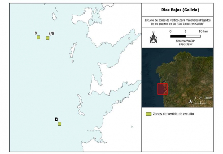Mapa con las distintas ubicaciones analizadas para los puntos de vertido de lodos procedentes del dragado del río Lérez, en la ría de Pontevedra.
