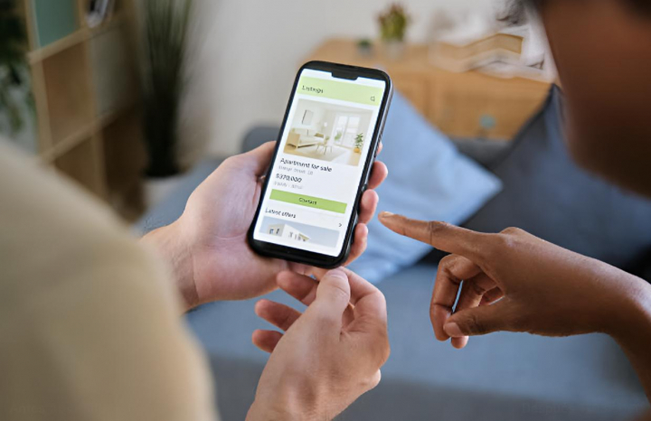alt="alt="Dos personas mirando un portal inmobiliario en el móvil""