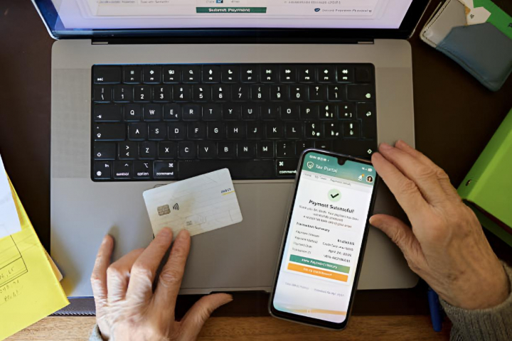 alt="alt="Una persona con una tarjeta de crédito y un móvil tras haber hecho un pago online.""