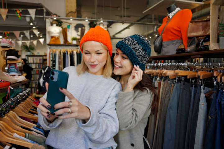 alt="alt="Two female friends trying on hats in a thrift store - sustainable fashion""