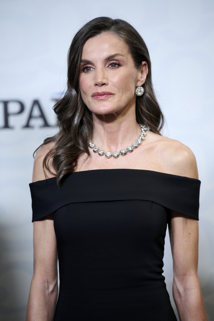 La reina Letizia con el collar de chatones y los pendientes de chatones de las joyas de pasar en el 50º aniversario de El País