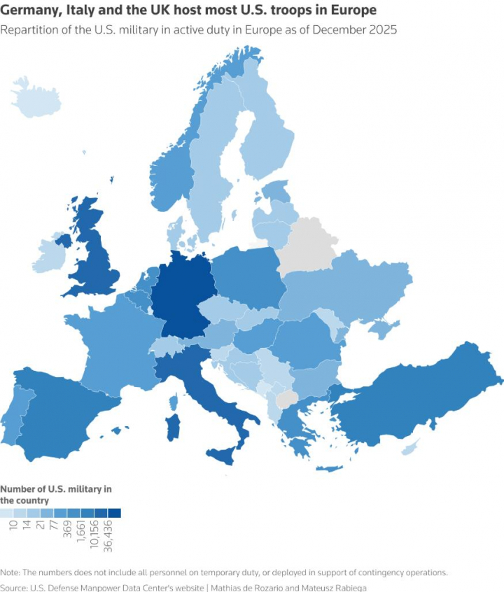 Mapa de localización de los efectivos de EEUU en suelo europeo, a diciembre de 2025.