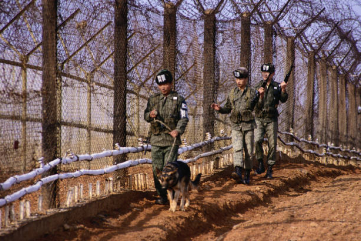 alt="alt="South Korean soldiers patrol their side of the demilitarized zone. The demilitarized zone that divides North and South Korea is one of the most sensitive places in the world. | Location: Border of North Korea and South Korea.""