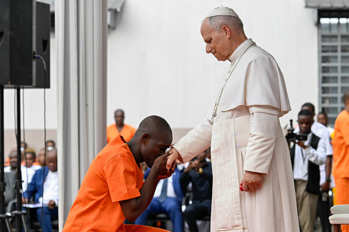 BATA - EQUATORIAL GUINEA, APRIL 22: (EDITOR NOTE: STRICTLY EDITORIAL USE ONLY - NO MERCHANDISING). Pope Leo XIV visits the prison of Bata, meeting inmates, staff, and representatives of prison pastoral care in the courtyard on his second and penultimate day in Equatorial Guinea on April 22, 2026 in Bata, Equatorial Guinea. During his eleven-day trip, Pope Leo is visiting four African nations - Algeria, Cameroon, Angola, and Equatorial Guinea - where he is making addresses to the faithful on the themes of peace, migration, the environment, young people, and family. (Photo by Simone Risoluti - Vatican Media via Vatican Pool/Getty Images)