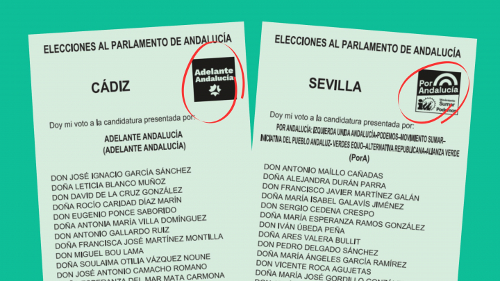 Sobre fondo plano, dos papeletas andaluzas: la papeleta de Adelante Andalucía en Cádiz y la papeleta de Por Andalucía en Sevilla para las elecciones del 17 de mayo de 2026