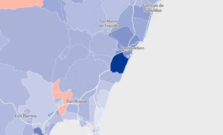 Plano del Campo de Gibraltar y la provincia de Málaga en la que se aprecia el azul intenso por la victoria del PP en Sotogrande, dentro de San Roque