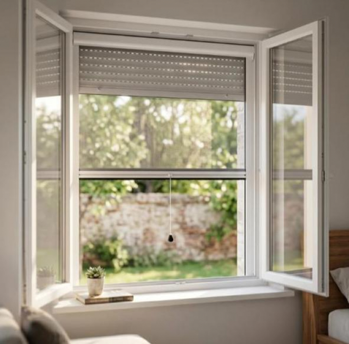 Una ventana protegida por una discreta mosquitera.