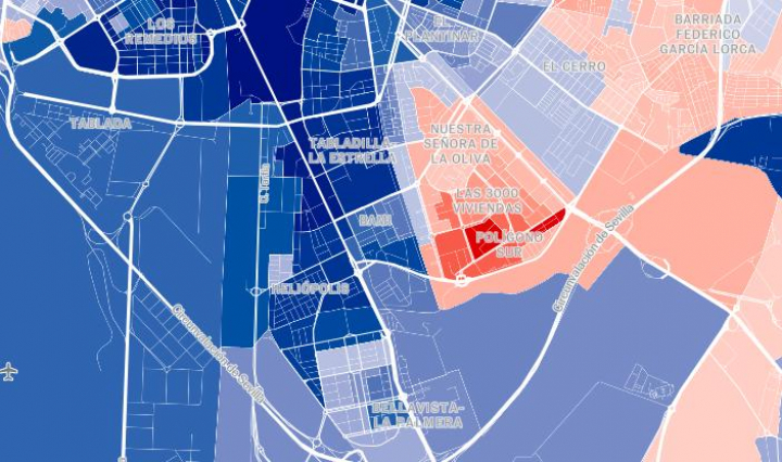 Plano del Polígono Sur de Sevilla con zonas coloreadas en función del partido ganador en las elecciones andaluzas del 17M.