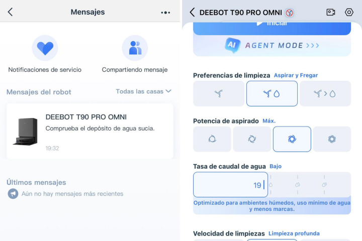 Avisos y gestión de la limpieza del Ecovacs Deebot T90 Pro Omni en la app 'Ecovacs Home'.