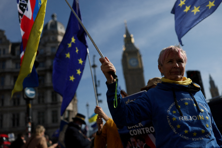 Un manifestante antibrexit ondea banderas de la UE y de Ucrania durante una protesta frente al Parlamento británico en Westminster, Londres, el 5 de marzo de 2025.