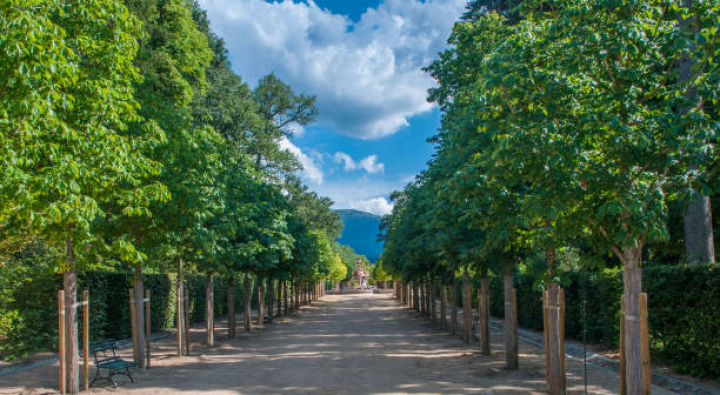 alt="alt="18th Century Royal Palace of La Granja de San Ildefonso Municipal Park under a blue sky with white clouds in summertime, San Ildefonso, Segovia, Castille and Leon, Spain, Europe, August 8 2014.""