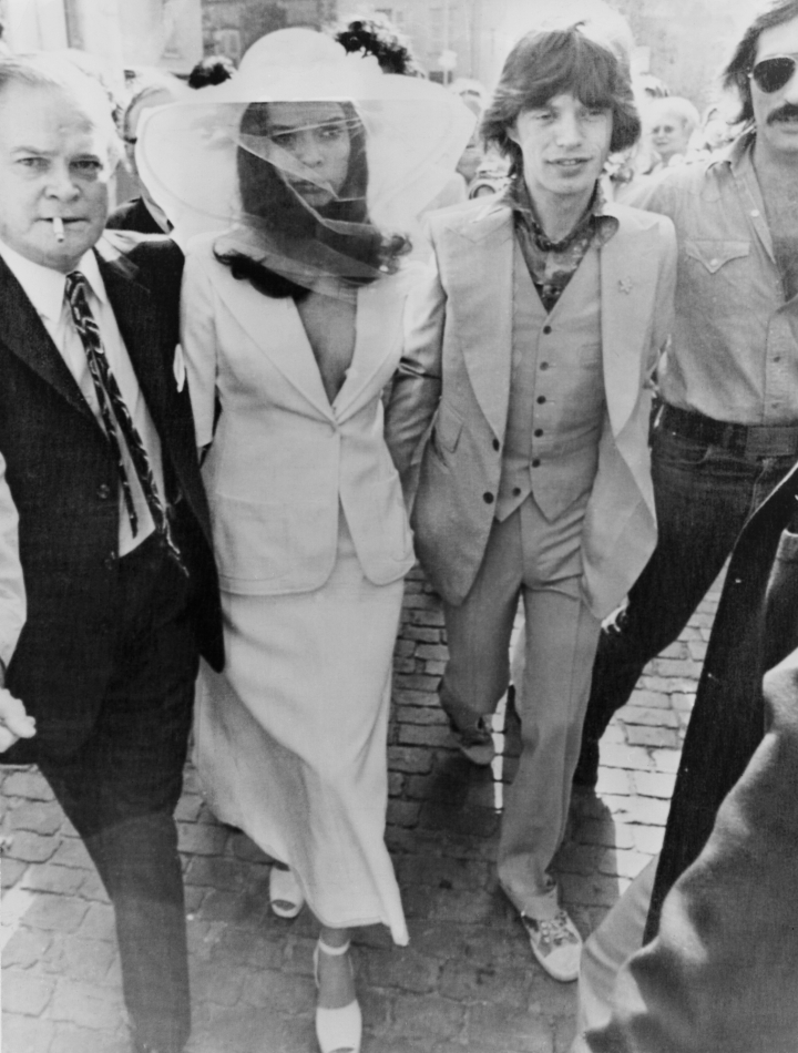 13th May 1971, British rock singer Mick Jagger and his new wife Bianca Jagger outside St Tropez Town Hall on their wedding day. (Photo by Express/Getty Images)