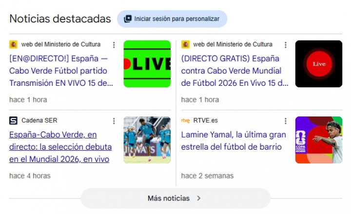Imágenes de los enlaces hackeados a la web del Ministerio de Cultura en Google