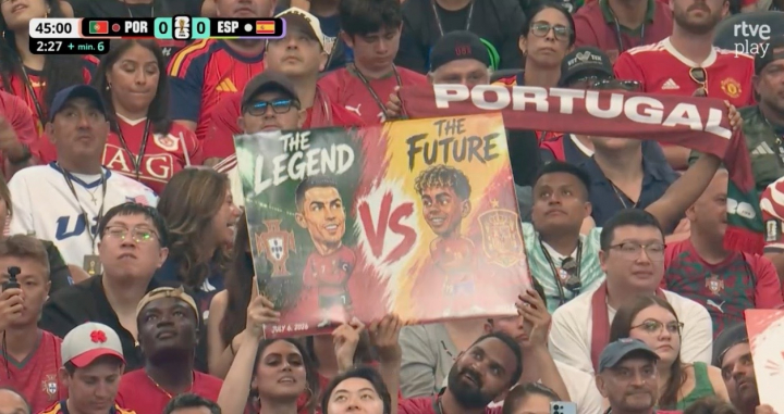 La pancarta que han captado las cámaras durante el Portugal-España.