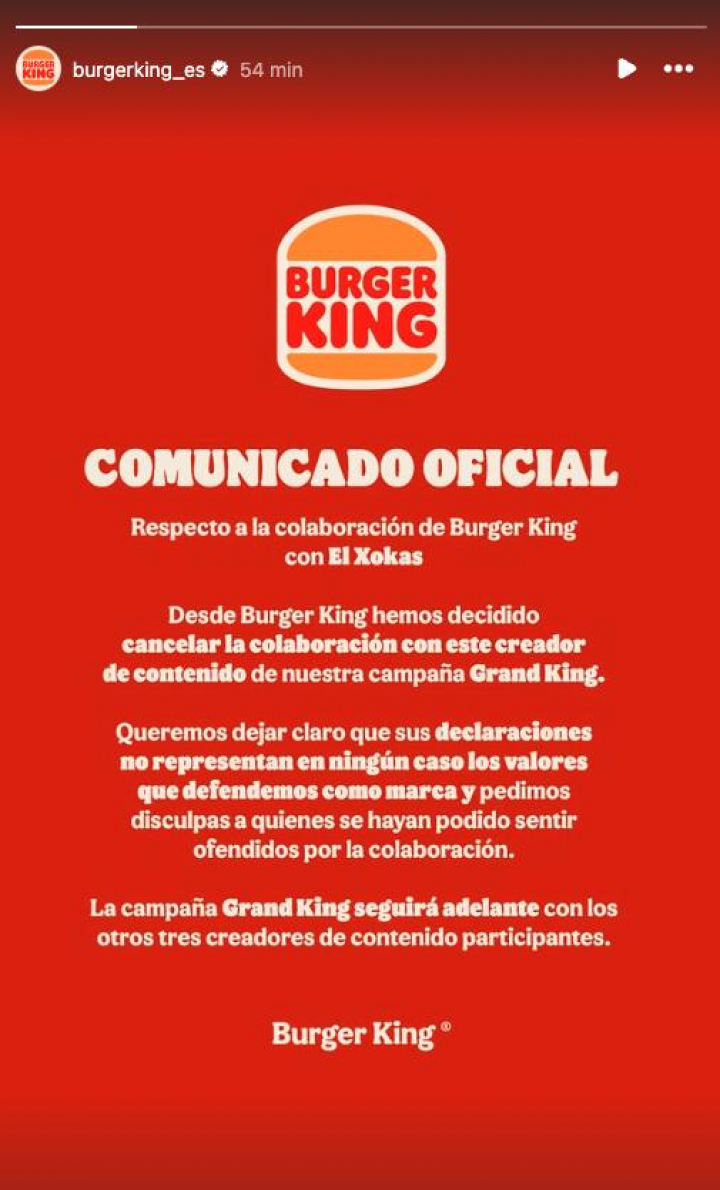 Historia de Instagram de Burger King.