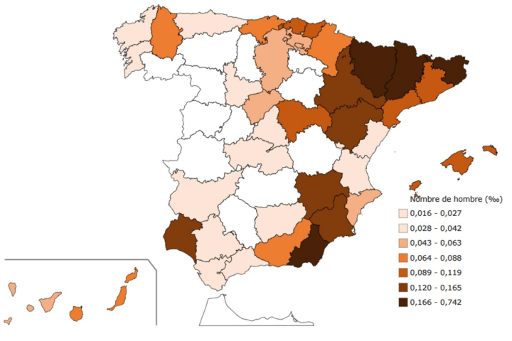 Mapa de provincias de España de la población con el nombre de Lamine