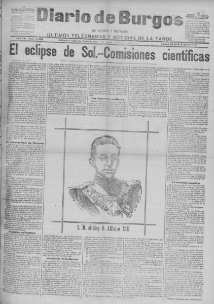 Captura de pantalla de la portada de Diario de Burgos del 28/8/1905.