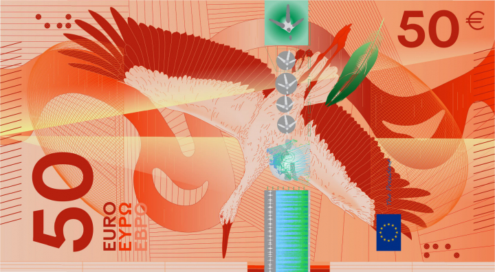 Propuesta D diseño billete de 50 euros.
 
Conditions of use
The images depict design proposals for possible future euro banknotes. They do not depict issued euro banknotes and must not be presented as final or approved future designs.
The images are protected by intellectual property rights and are made available for information, editorial, educational and news-reporting purposes only.
Unless expressly authorised in writing by the European Central Bank, the images may not be:
used for commercial, advertising, promotional or merchandising purposes, including on clothing, products, packaging or other goods or services;
altered, adapted, incorporated into other designs or used to create derivative works;
used in a manner suggesting endorsement, sponsorship or association by the European Central Bank or the Eurosystem;
used in a misleading, deceptive, unlawful or offensive context; or
used in any manner that may adversely affect the reputation, interests or rig