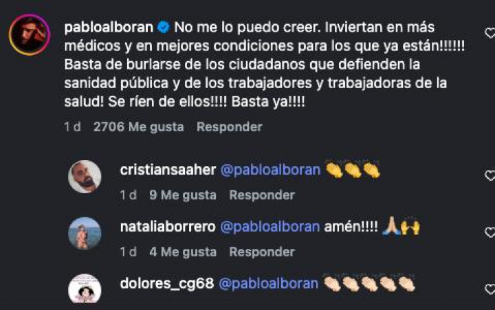 El comentario de Pablo Alborán en la publicación del diario El Salto en Instagram.