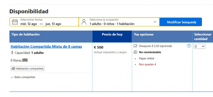 Captura de un alojamiento en Booking que ofrece literas a 500 euros la noche del eclipse