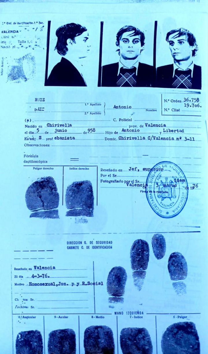 Ficha policial de la detención de Antoni Ruiz i Saiz en 1976.