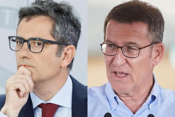 El ministro de Presidencia, Relaciones con las Cortes y Memoria Democrática, Félix Bolaños, y el presidente del PP, Alberto Núñez Feijóo; en sendas imágenes de archivo.