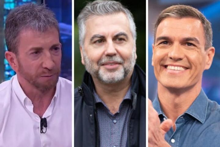 El presentador de 'El Hormiguero', Pablo Motos, el director de 'Más de uno', Carlos Alsina, y el presidente del Gobierno, Pedro Sánchez; en sendas imágenes de archivo.