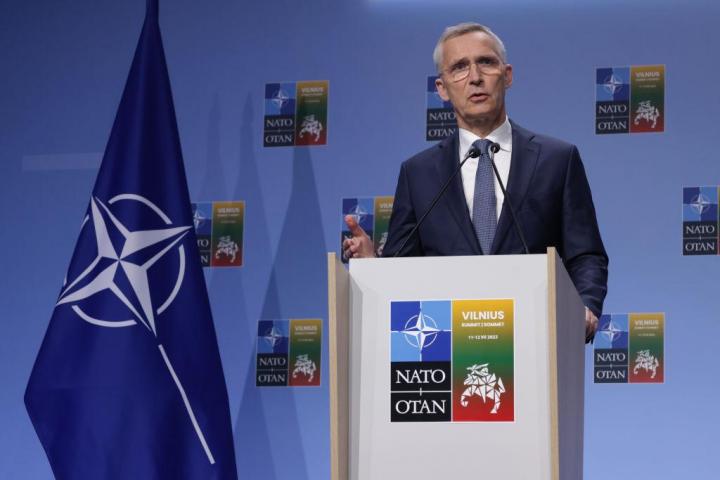 Jens Stoltenberg, durante su intervención desde Vilna