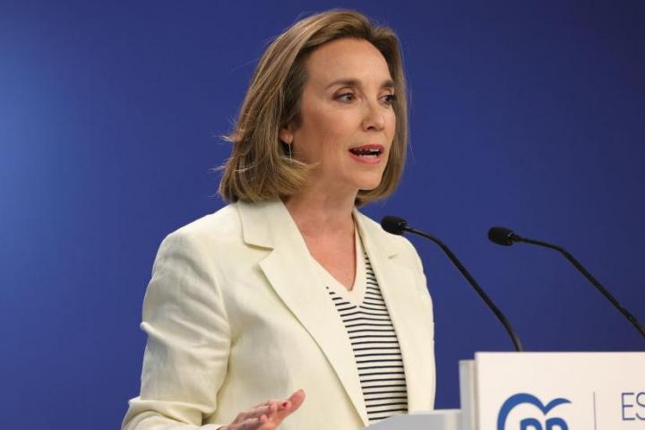 Cuca Gamarra en una rueda de prensa reciente en la sede del Partido Popular en Madrid.