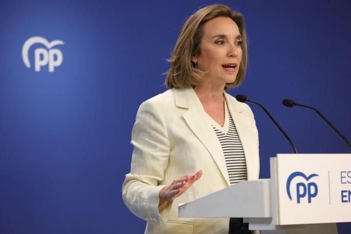 Cuca Gamarra en una rueda de prensa reciente en la sede del Partido Popular en Madrid.