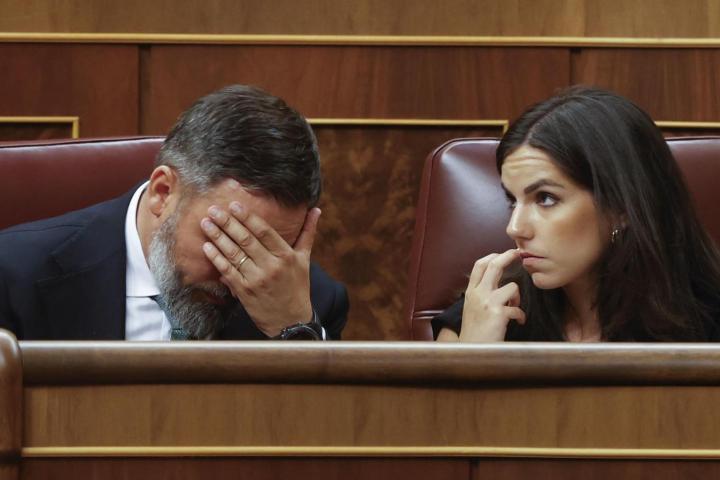 El líder de Vox, Santiago Abascal y la portavoz de la formación, Pepa Millán, durante la sesión constitutiva de las Cortes.