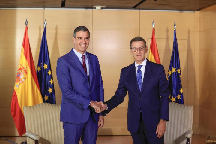El líder del PP, Alberto Núñez Feijóo, y el presidente del Gobierno en funciones y secretario general del PSOE, Pedro Sánchez, al inicio de la reunión mantenida este miércoles en el Congreso.