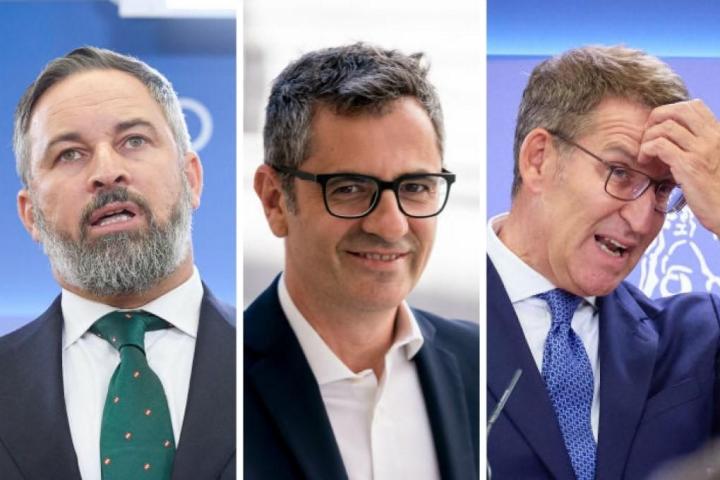 El líder de Vox, Santiago Abascal; el ministro de Presidencia en funciones, Félix Bolaños; y el presidente del PP, Núñez Feijóo; en distintas imágenes de archivo.