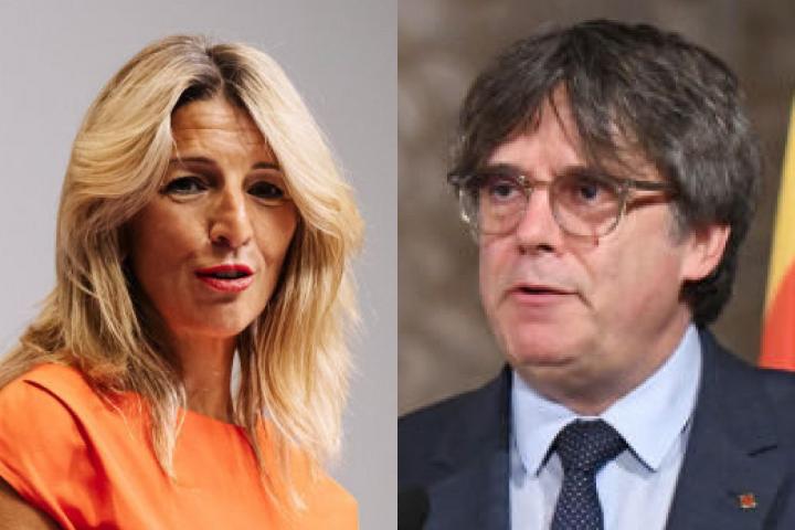 La vicepresidenta segunda del Gobierno en funciones, Yolanda Díaz, y el expresident del Gover Carles Puigdemont; en sendas imágenes de archivo.