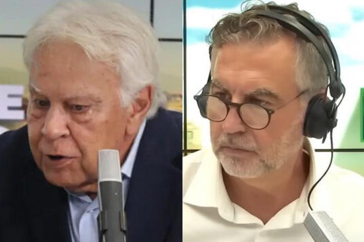 El expresidente del Gobierno Felipe González (PSOE) y el periodista y director de 'Más de uno', Carlos Alsina; en sendas imágenes.