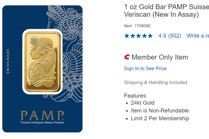 Captura de pantalla de la oferta de lingotes de oro de Costco en su página web