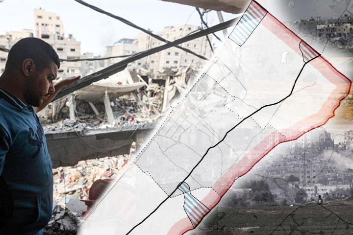 Fotomontaje que ilustra los avances del ejército israelí sobre el mapa con distintos escenarios rurales y urbanos donde se desarrolla la guerra.