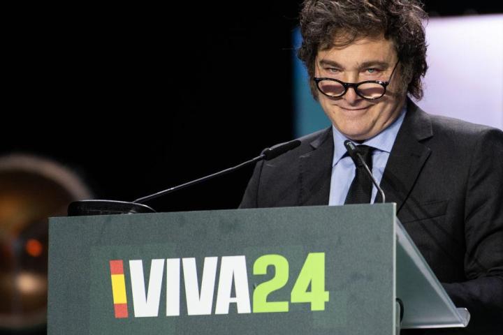 El presidente de Argentina, Javier Milei, en la conferencia de Vox celebrada en el Palacio de Vistalegre, Madrid.