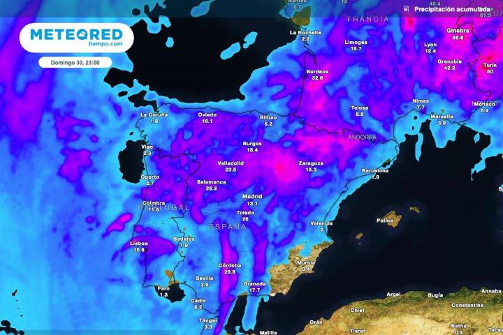 Mapa de precipitación acumulada hasta el domingo 30 de junio