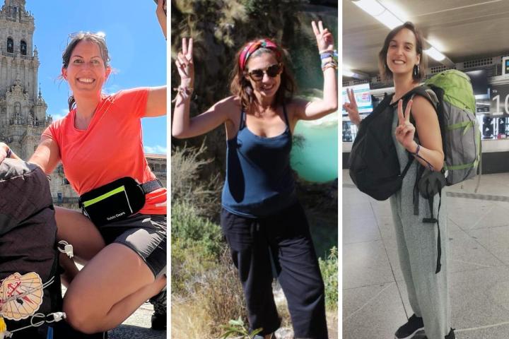 Las viajeras Estela Gómez (en el Obradoiro), Tatiana Rodríguez de la Paz (en Ayacucho, Perú) y Patricia Frías (equipada para uno de sus viajes en solitario).