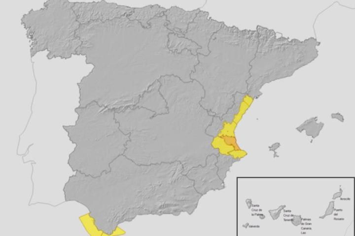 El mapa de la AEMET con los avisos meteorológicos por lluvias y fenómenos costeros