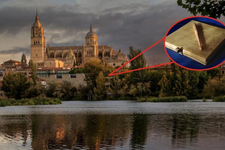 Una imagen de archivo de Salamanca y una imagen superpuesta de una pandereta cuadrada