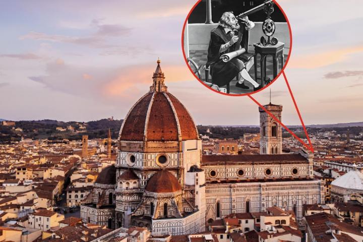 Una imagen de archivo de Florencia (Italia) y otra de Galileo Galilei usando su telescopio